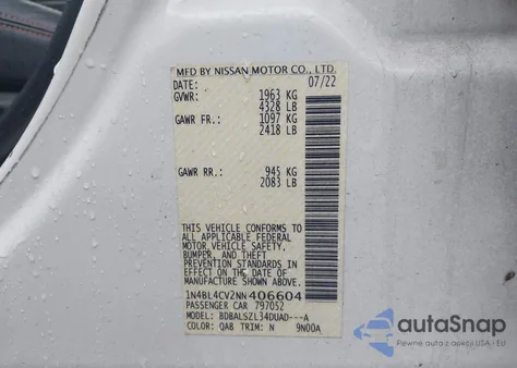 2022 Nissan Altima Sr Fwd z USA, uszkodzony, nr VIN 1N4BL4CV2NN406604